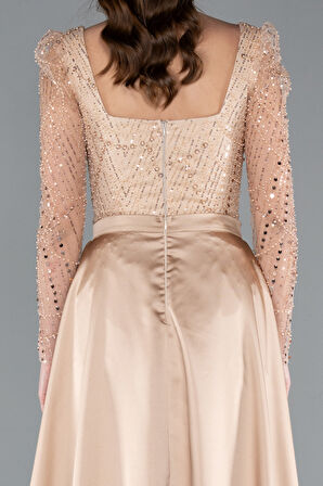 Taşlı Uzun Kol Saten Kuyruklu Büyük Beden Abiye ABU4761