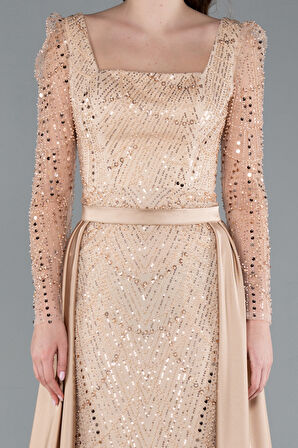 Taşlı Uzun Kol Saten Kuyruklu Büyük Beden Abiye ABU4761