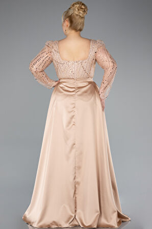 Taşlı Uzun Kol Saten Kuyruklu Büyük Beden Abiye ABU4761