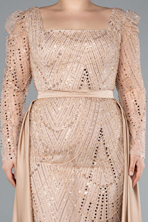 Taşlı Uzun Kol Saten Kuyruklu Büyük Beden Abiye ABU4761