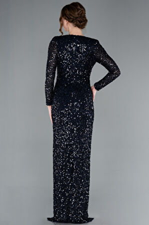 Uzun Kol V Yaka Yırtmaçlı Pullu Abiye Elbise ABU4763