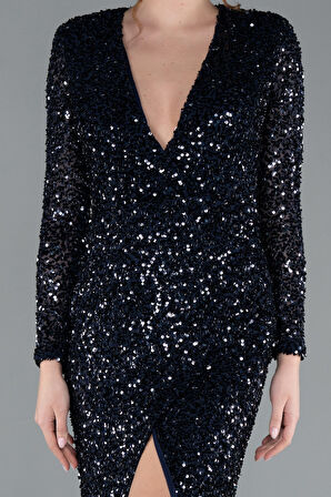 Uzun Kol V Yaka Yırtmaçlı Pullu Abiye Elbise ABU4763