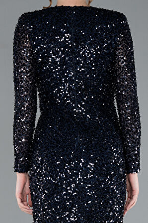 Uzun Kol V Yaka Yırtmaçlı Pullu Abiye Elbise ABU4763