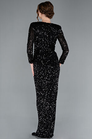 Uzun Kol V Yaka Yırtmaçlı Pullu Abiye Elbise ABU4763