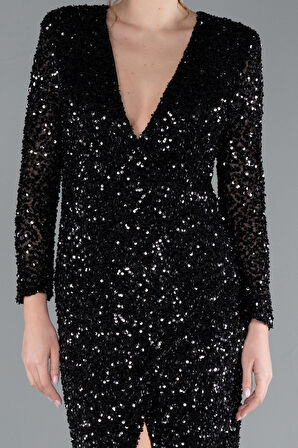 Uzun Kol V Yaka Yırtmaçlı Pullu Abiye Elbise ABU4763