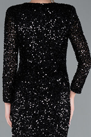 Uzun Kol V Yaka Yırtmaçlı Pullu Abiye Elbise ABU4763