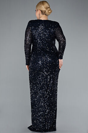 Uzun Kol V Yaka Yırtmaçlı Pullu Büyük Beden Abiye ABU4764