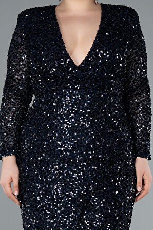 Uzun Kol V Yaka Yırtmaçlı Pullu Büyük Beden Abiye ABU4764