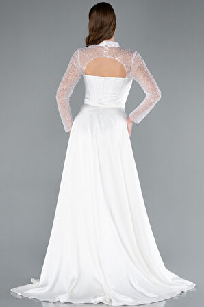 Büstiyer Detay Pullu Uzun Kol Kuyruklu Saten Abiye ABU4765