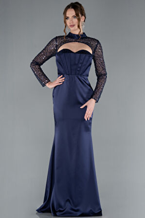 Büstiyer Detay Pullu Uzun Kol Kuyruklu Saten Abiye ABU4765