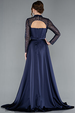 Büstiyer Detay Pullu Uzun Kol Kuyruklu Saten Abiye ABU4765