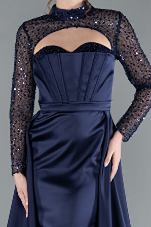 Büstiyer Detay Pullu Uzun Kol Kuyruklu Saten Abiye ABU4765