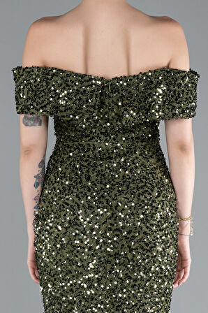 Kayık Yaka Uzun Pullu Balık Abiye Elbise ABU4778