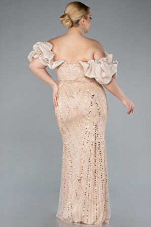 Kısa Kol Boncuklu Uzun Büyük Beden Abiye ABU4788