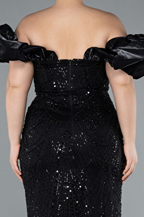 Kısa Kol Boncuklu Uzun Büyük Beden Abiye ABU4788