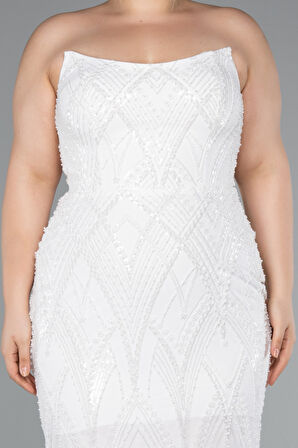 Straplez Boncuklu Uzun Büyük Beden Abiye ABU4789