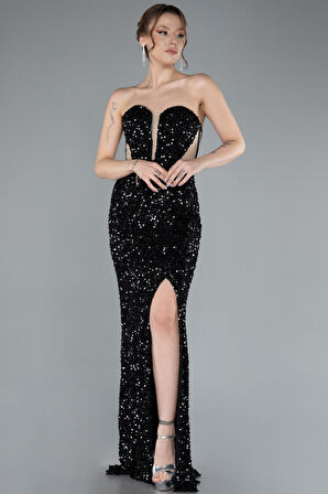 Straplez Bacak Dekolteli Uzun Pullu Balık Abiye ABU4790