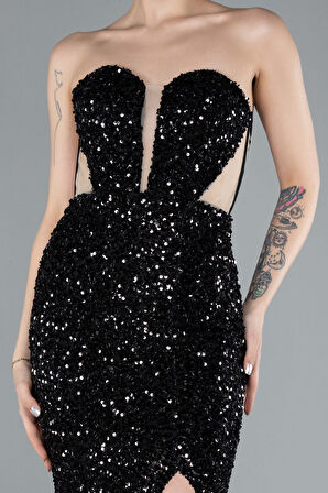 Straplez Bacak Dekolteli Uzun Pullu Balık Abiye ABU4790