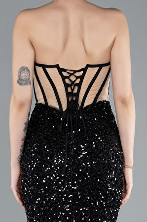 Straplez Bacak Dekolteli Uzun Pullu Balık Abiye ABU4790