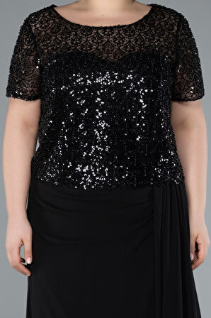 Kısa Kol Boncuklu Yırtmaçlı Uzun Büyük Beden Abiye ABU4806