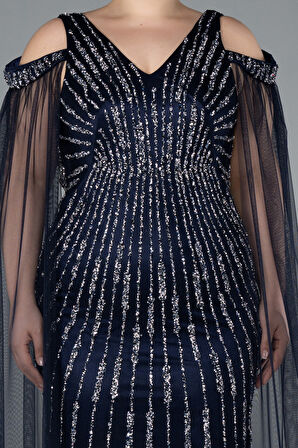 Şal Kol V Yaka Taşlı Büyük Beden Nişan Elbisesi ABU4818