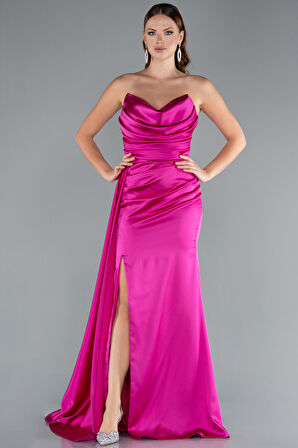 Kedi Kulağı Straplez Yırtmaçlı Uzun Saten Abiye ABU4841