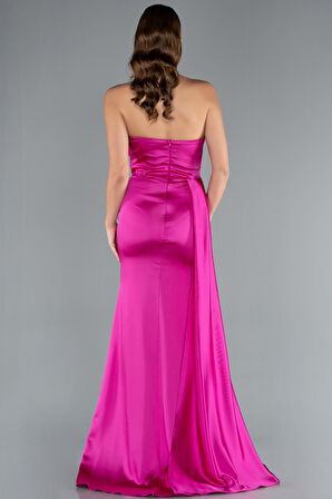 Kedi Kulağı Straplez Yırtmaçlı Uzun Saten Abiye ABU4841