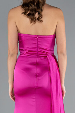 Kedi Kulağı Straplez Yırtmaçlı Uzun Saten Abiye ABU4841