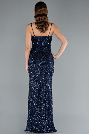 Yırtmaçlı Göğüs Drapeli Uzun Pullu Abiye Elbise ABU4842