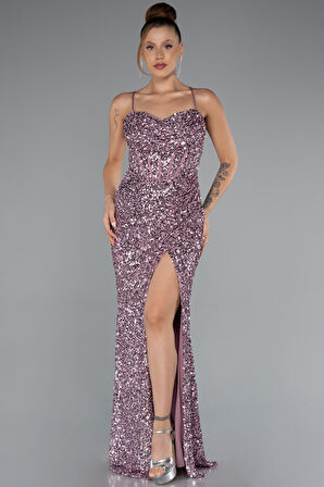 Yırtmaçlı Göğüs Drapeli Uzun Pullu Abiye Elbise ABU4842