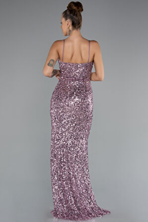 Yırtmaçlı Göğüs Drapeli Uzun Pullu Abiye Elbise ABU4842