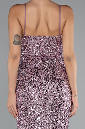 Yırtmaçlı Göğüs Drapeli Uzun Pullu Abiye Elbise ABU4842