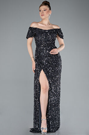 Kayık Yaka Bacak Dekolteli Uzun Pullu Abiye Elbise ABU4843