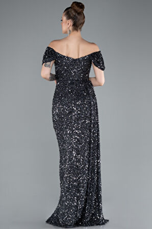 Kayık Yaka Bacak Dekolteli Uzun Pullu Abiye Elbise ABU4843