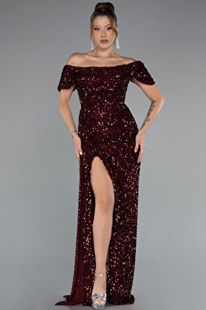 Kayık Yaka Bacak Dekolteli Uzun Pullu Abiye Elbise ABU4843