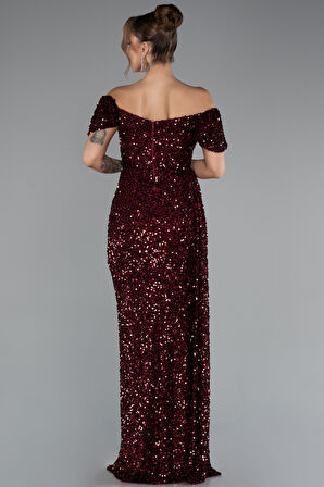 Kayık Yaka Bacak Dekolteli Uzun Pullu Abiye Elbise ABU4843