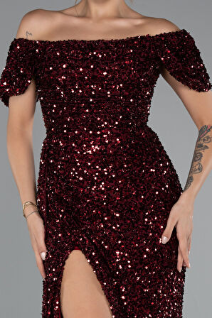 Kayık Yaka Bacak Dekolteli Uzun Pullu Abiye Elbise ABU4843