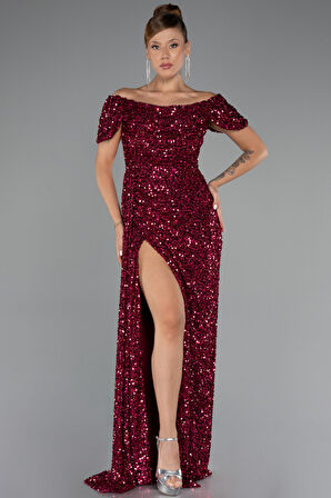 Kayık Yaka Bacak Dekolteli Uzun Pullu Abiye Elbise ABU4843