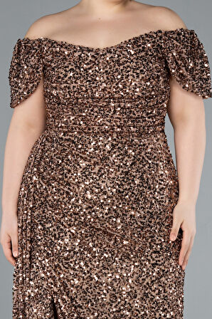 Kayık Yaka Yırtmaçlı Uzun Pullu Büyük Beden Abiye ABU4863