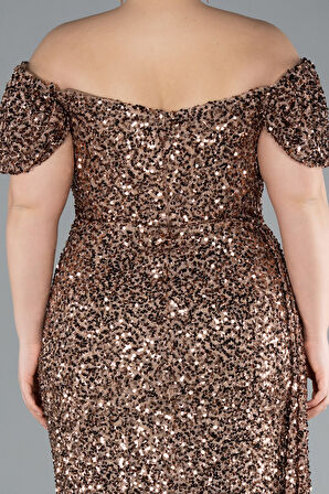 Kayık Yaka Yırtmaçlı Uzun Pullu Büyük Beden Abiye ABU4863