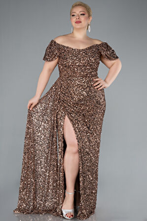 Kayık Yaka Yırtmaçlı Uzun Pullu Büyük Beden Abiye ABU4863