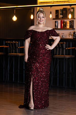 Kayık Yaka Yırtmaçlı Uzun Pullu Büyük Beden Abiye ABU4863