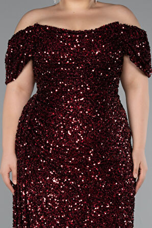 Kayık Yaka Yırtmaçlı Uzun Pullu Büyük Beden Abiye ABU4863