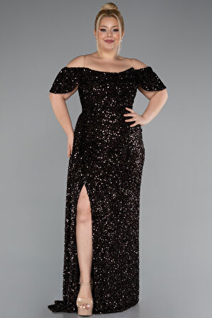 Kayık Yaka Yırtmaçlı Uzun Pullu Büyük Beden Abiye ABU4863