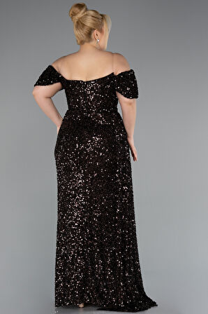 Kayık Yaka Yırtmaçlı Uzun Pullu Büyük Beden Abiye ABU4863