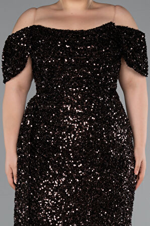 Kayık Yaka Yırtmaçlı Uzun Pullu Büyük Beden Abiye ABU4863