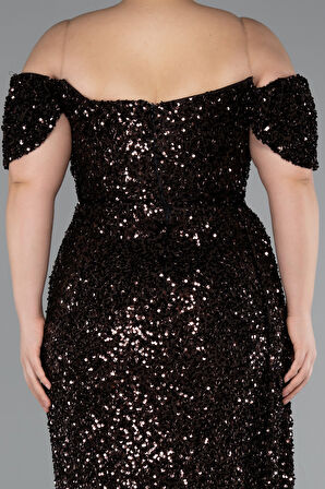 Kayık Yaka Yırtmaçlı Uzun Pullu Büyük Beden Abiye ABU4863