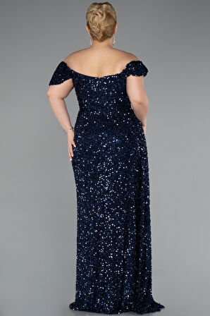 Kayık Yaka Yırtmaçlı Uzun Pullu Büyük Beden Abiye ABU4863