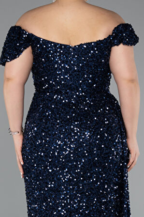 Kayık Yaka Yırtmaçlı Uzun Pullu Büyük Beden Abiye ABU4863