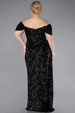 Kayık Yaka Yırtmaçlı Uzun Pullu Büyük Beden Abiye ABU4863